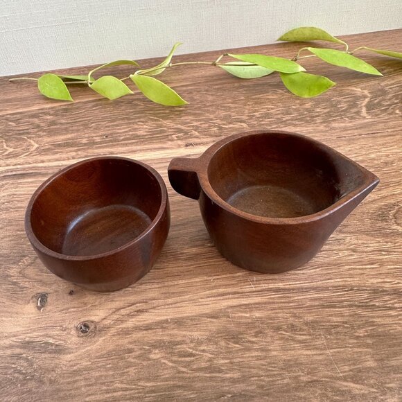 Mid Century Handcrafted Mahogany Sugar Bowl & Creamer Set Made In Haiti - Picture 2 of 9
